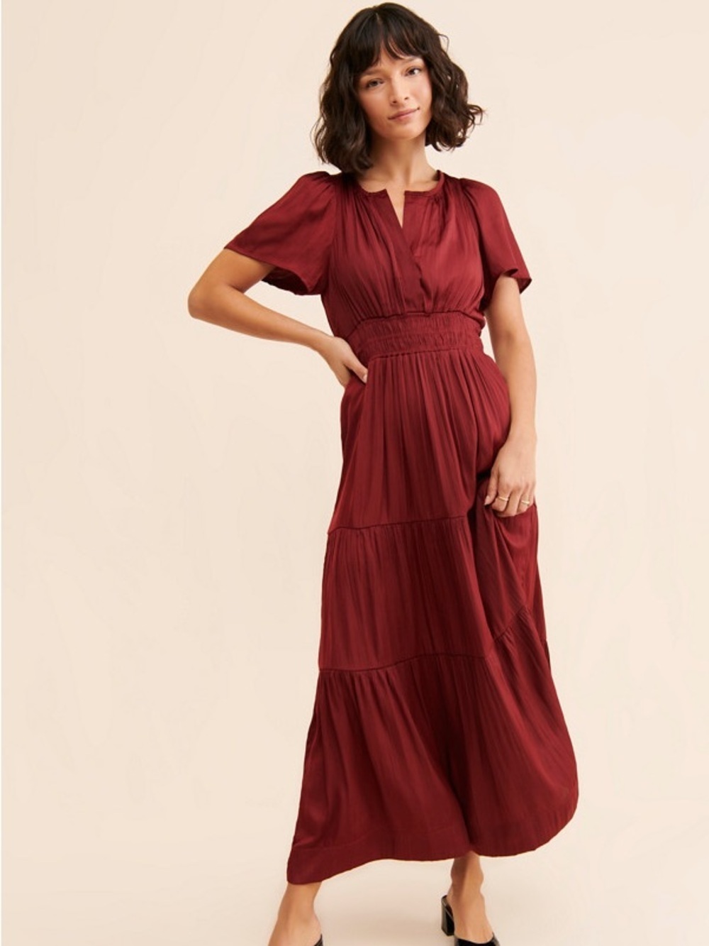 Anthropologie Somerset Maxi Dress Smocked Tiered Satin Burgundy Red Size Medium